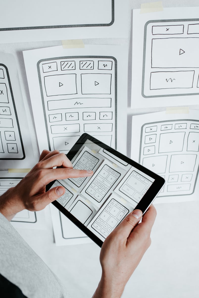 UX website design wireframe. Sketch, prototype, framework, layout future design project. UI/UX - user interface, user experience designer. Creative concept for web design studio. Website development